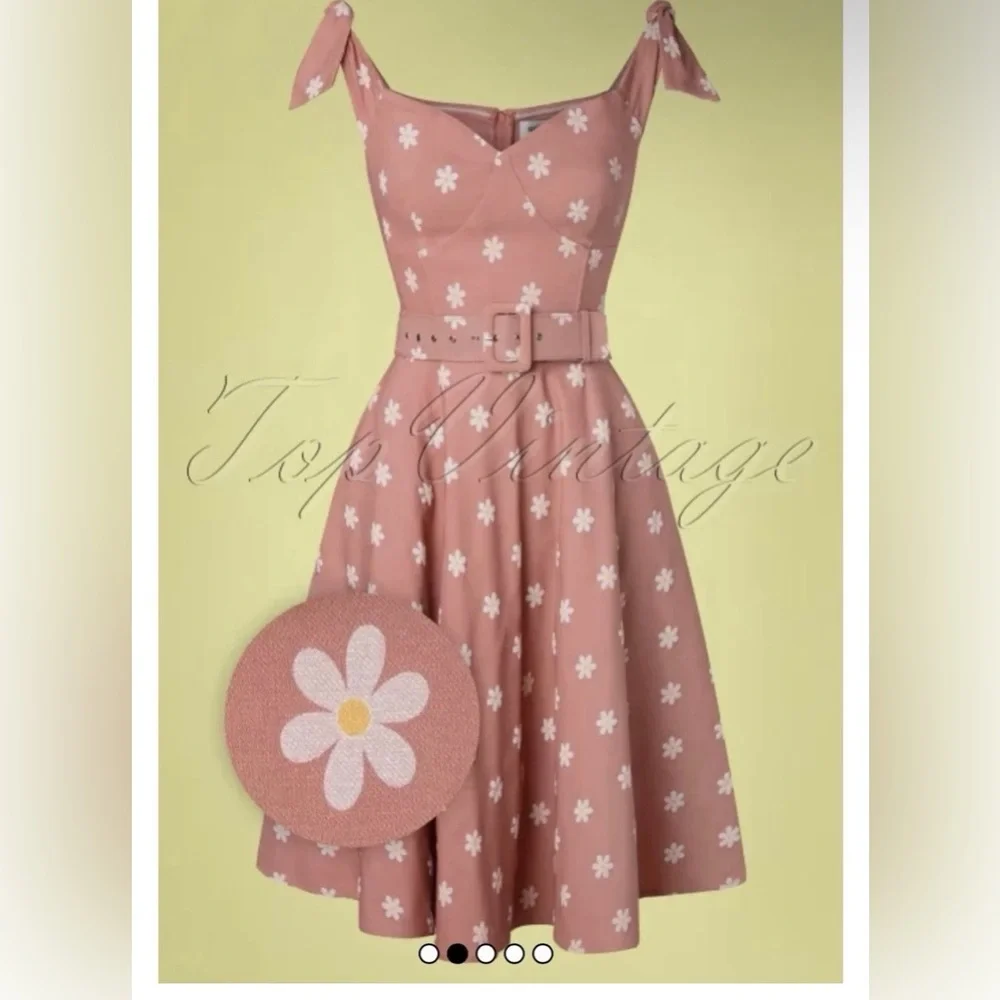 Unique Vintage 50s Prairie Daisy Swing Dress in Powder Pink, Size Large, NWT! - Picture 5 of 16